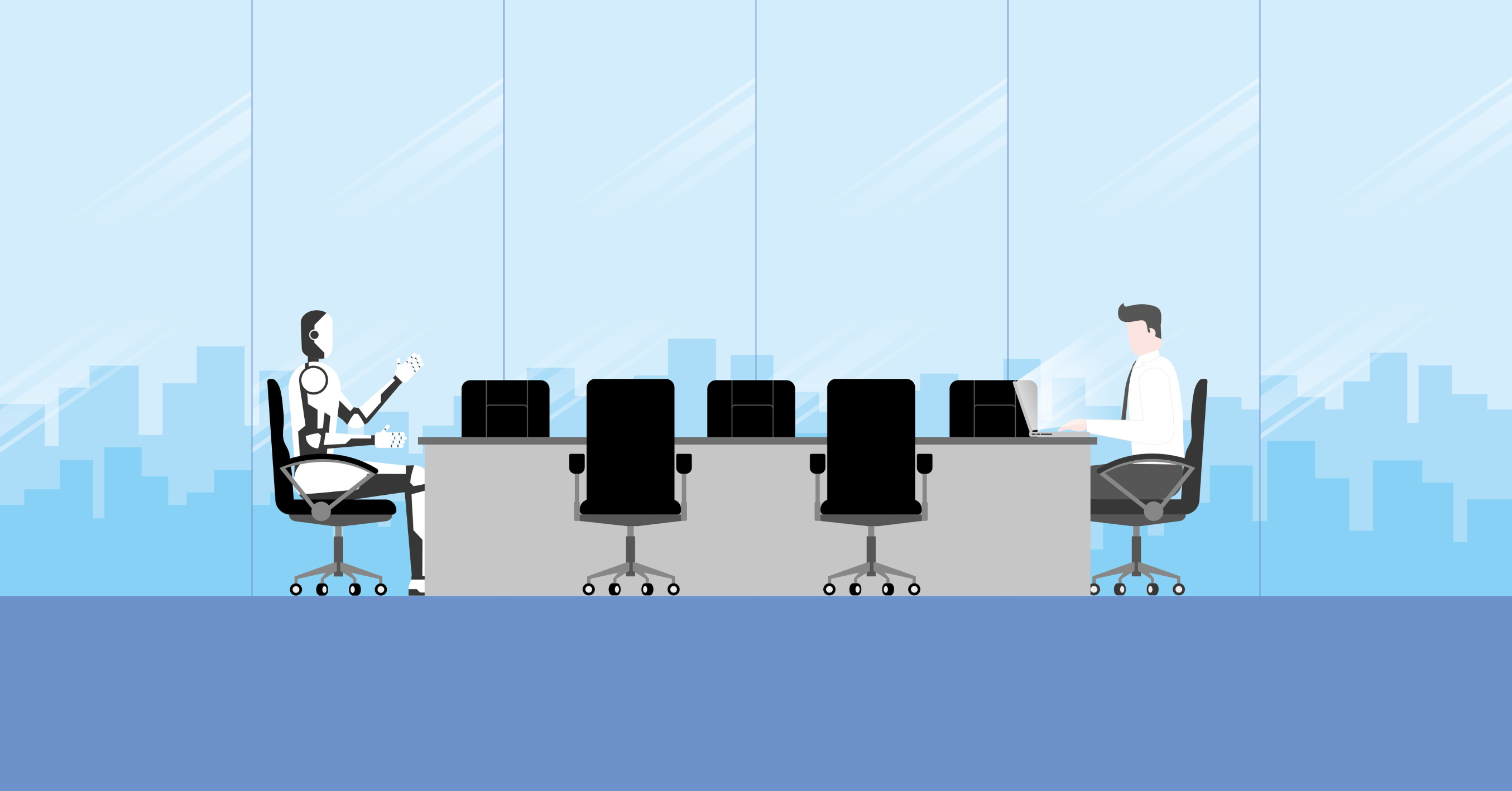 Robot And Human Seated At A Boardroom Table In A Modern Office