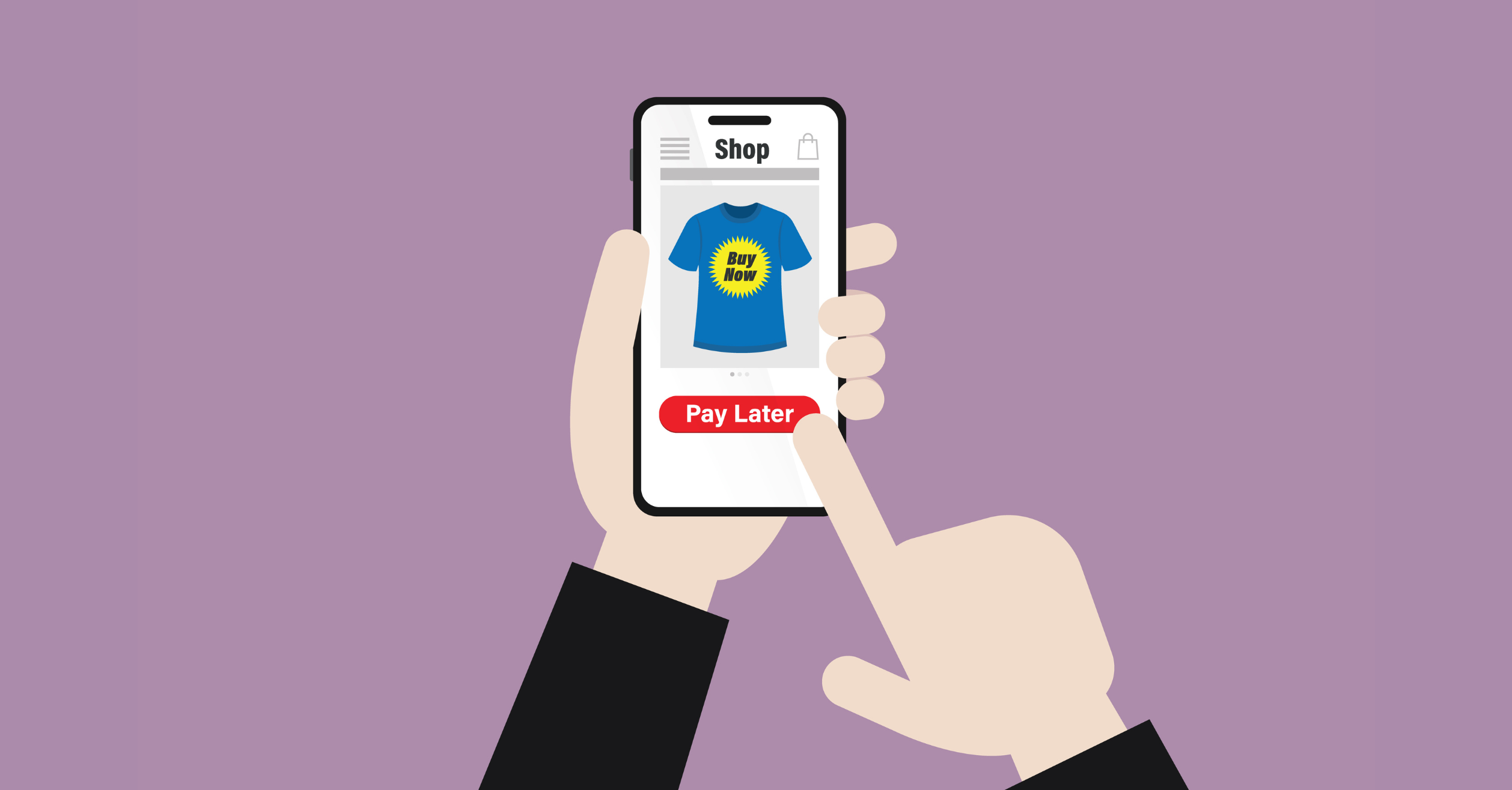 Illustration Of A Person Shopping On A Smartphone With A “Pay Later” Button On Screen.