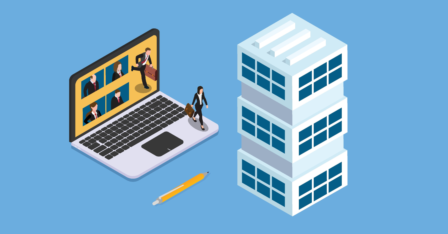 Illustration Of Laptop Showing A Virtual Meeting Beside An Office Building