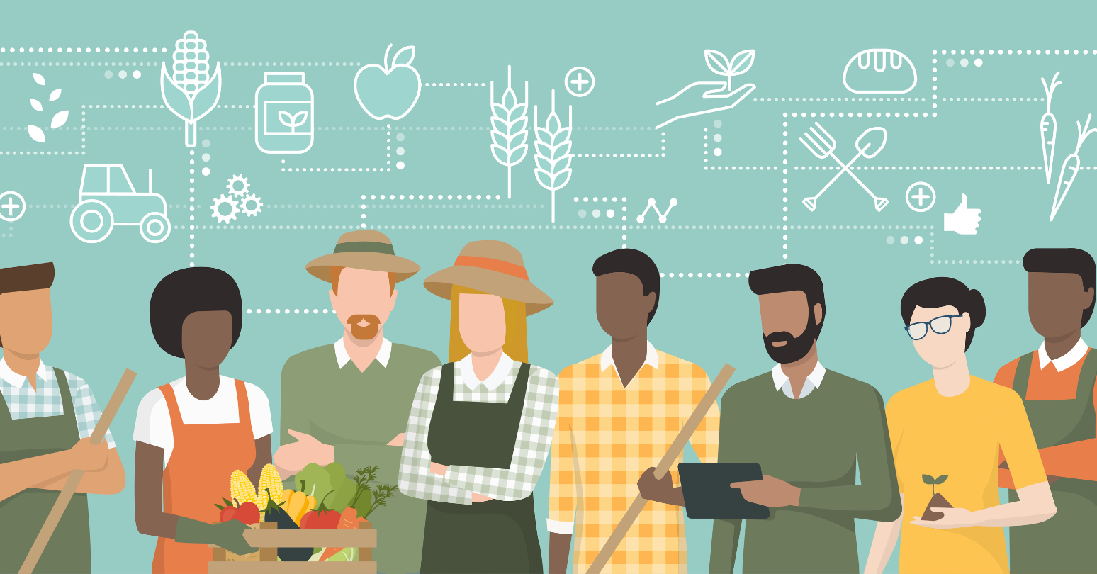 Illustration Of Diverse Farmers With Produce And Tools, With Agriculture Icons In The Background